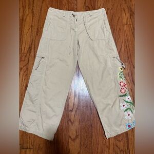 Floral Embroidered Tan Cargo Jeans
